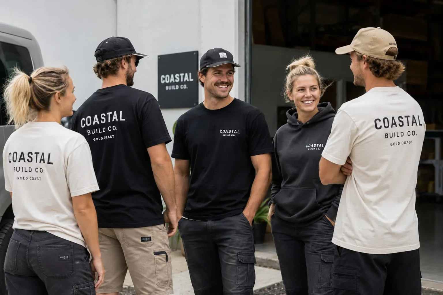 Coastal Build Co. team wearing Screenlab printed branded apparel — premium custom tees and hoodies for Australian teams