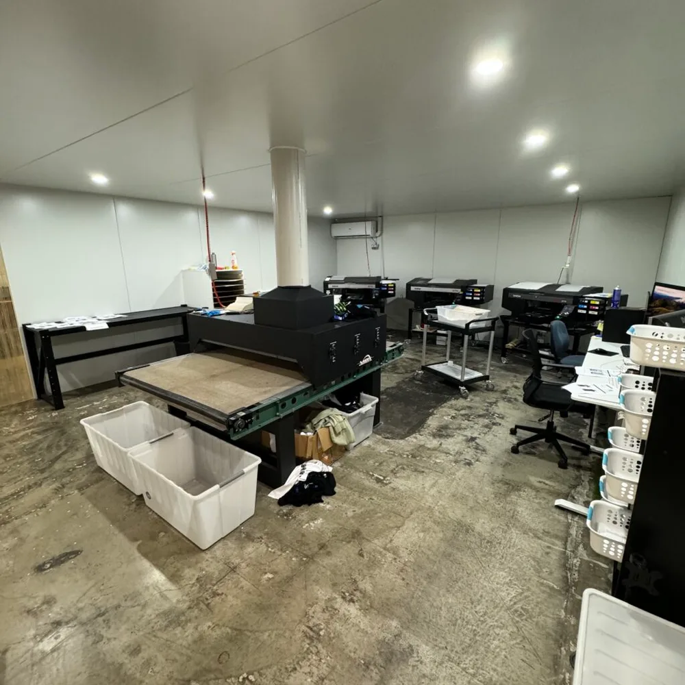 The print room Screenlab built in 2018, with garment printers in place