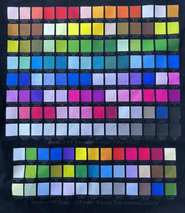 Brother GTX full colour chart — printed on a black tee